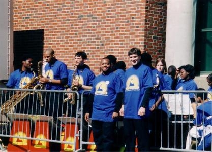 Conductors and the Artists Collective Youth Jazz Orchestra waiting for President Bill Clinton